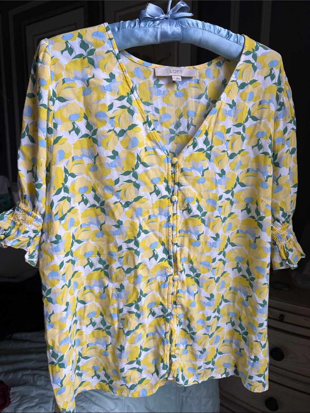 LOFT Yellow Floral V-Neck Ruched Sleeve Blouse